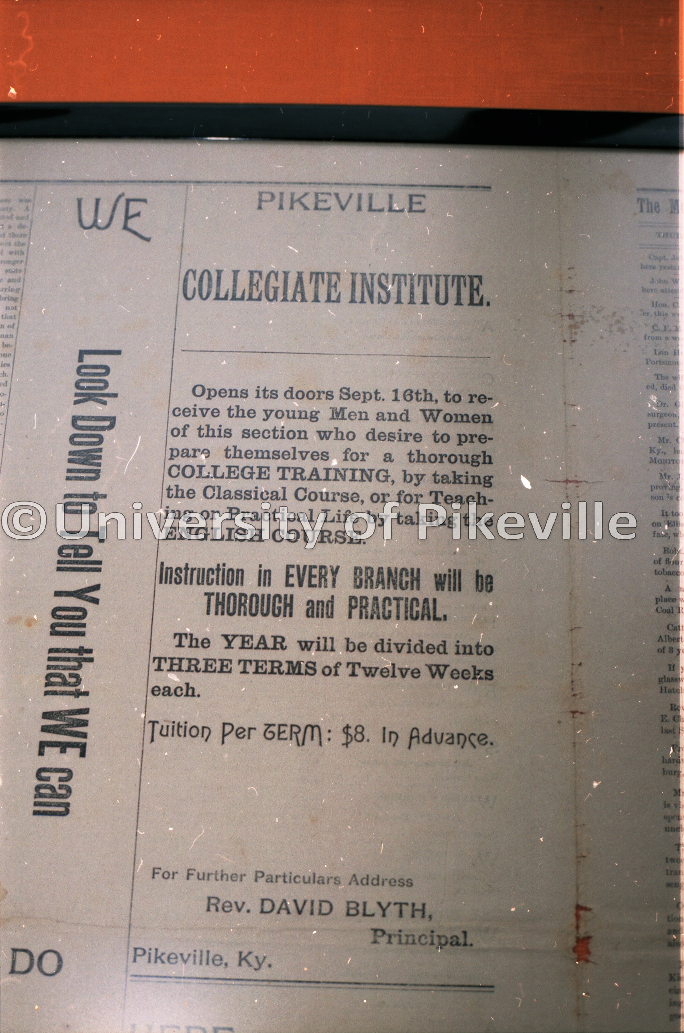 Advertisment for the opening of Pikeville Colligiate Institute